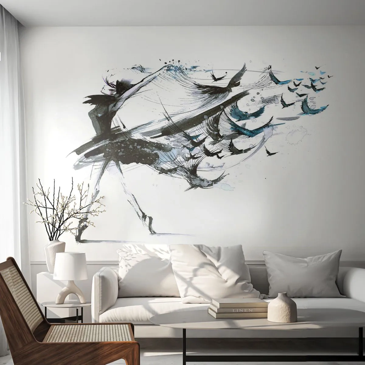 Fototapet Standard Eco - Abstrakt dansare i svart med fåglar i rörelse - 100x70cm - Musikens magi befriar från trolldom - Modern väggdekoration för vardagsrum och sovrum ARTTOR