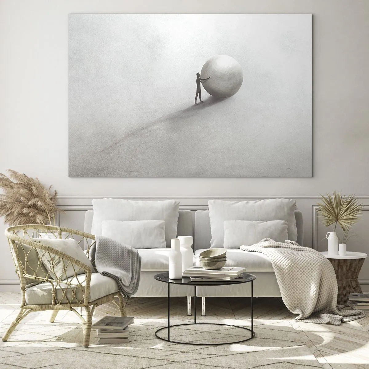 Glastavla - Bild på glas - En minimalistisk silhuett av en man med en stor boll mot en ljus bakgrund. - 70x50cm - Livets spel - Modern väggdekoration för vardagsrum och sovrum ARTTOR