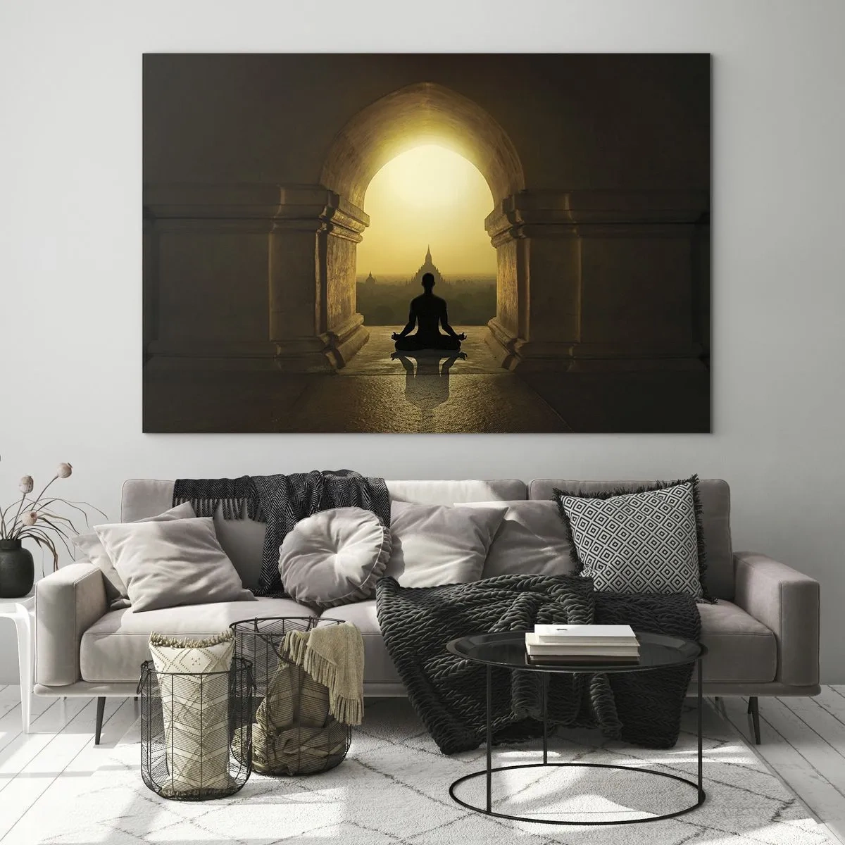 Glastavla - Bild på glas - Silhuett av en mediterande person i ljuset av den nedgående solen i en arkitektonisk båge - 70x50cm - Full harmoni - Modern väggdekoration för vardagsrum och sovrum ARTTOR