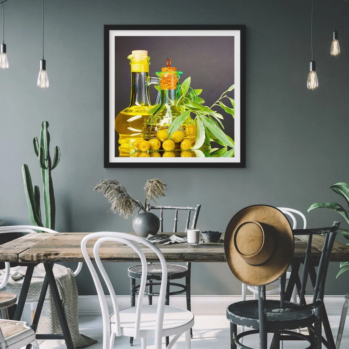 Affisch i svart ram - Stilleben med oliver och olivolja - 40x40 cm