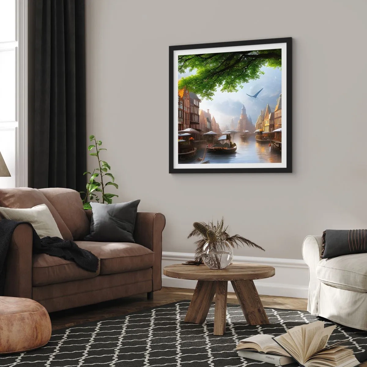 Affisch i svart ram - Holländsk stadsbild - 40x40 cm