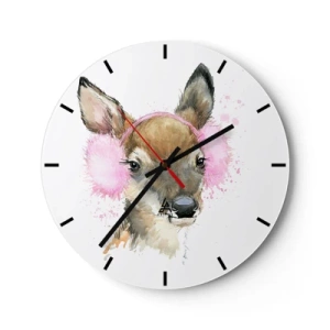 Väggklocka - Klocka på glas - En hjort i rosa öronkåpor - 30x30cm - Kylan är inte längre skrämmande - Modern väggdekoration för vardagsrum, kök och sovrum ARTTOR
