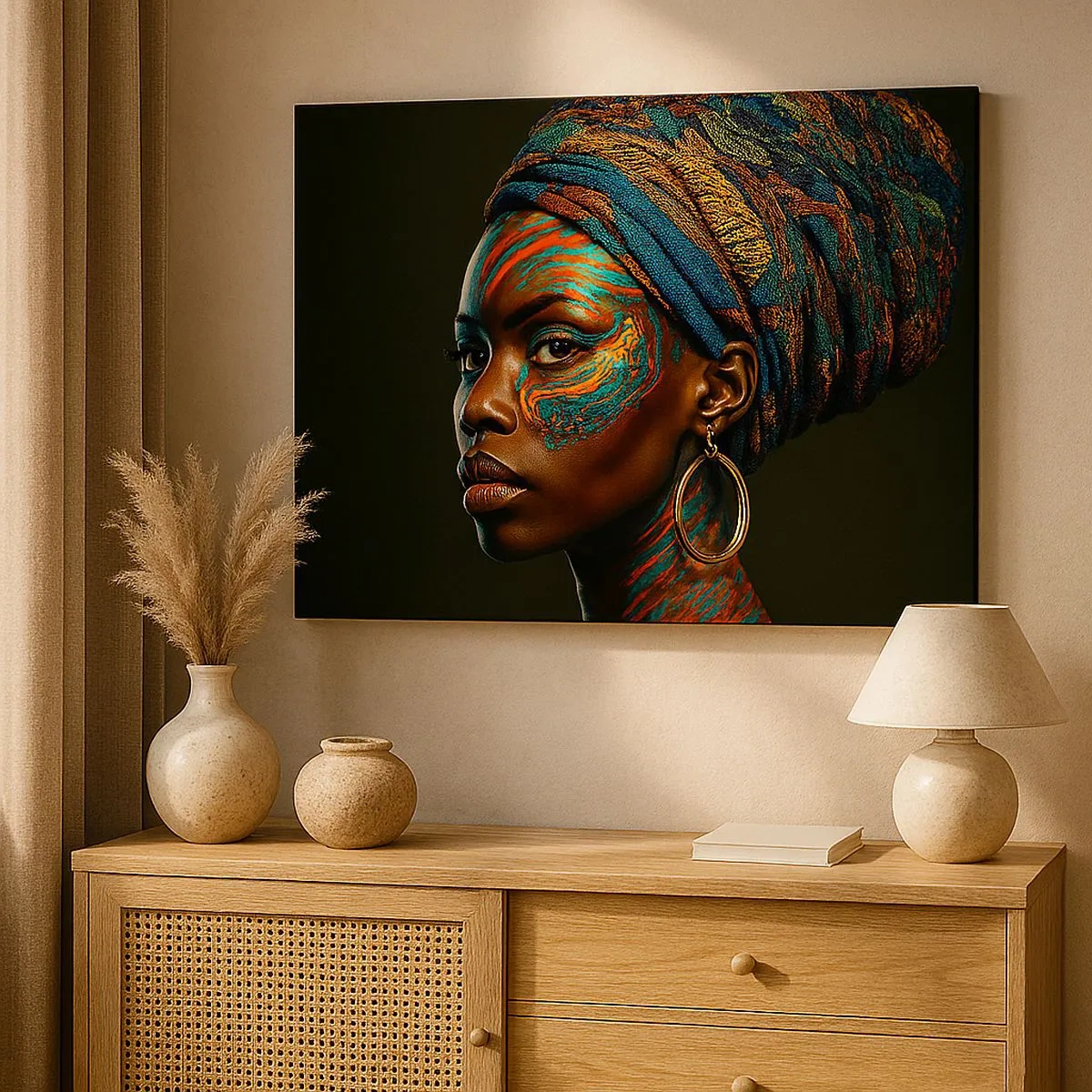 Canvastavla - Bild på duk - Porträtt av en kvinna med ett färgglatt mönster och en turban - 70x50cm - Afrikansk drottning - Modern väggdekoration för vardagsrum och sovrum ARTTOR