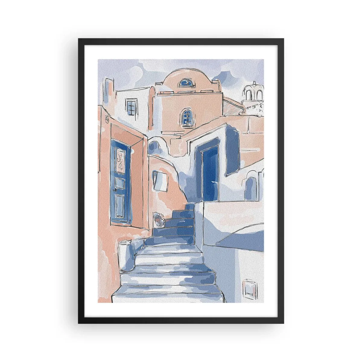 Affisch i svart ram - En pittoresk gata i medelhavsstil i nyanser av blått - 50x70cm - Exotisk stad - Modern väggdekoration för vardagsrum och sovrum ARTTOR
