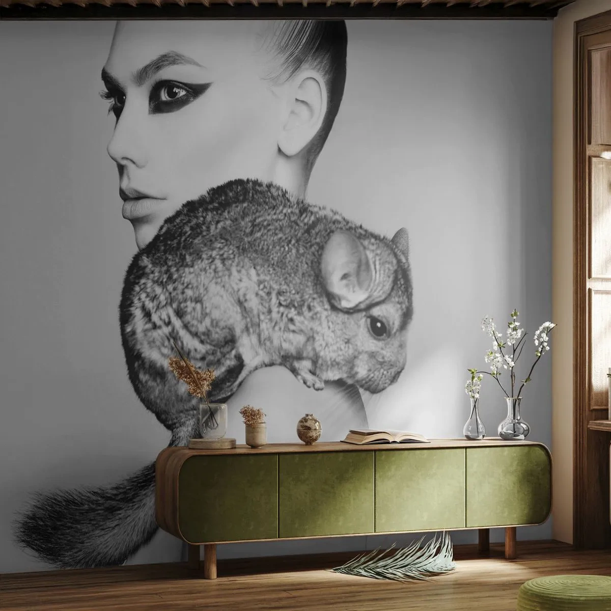 Fototapet Standard Eco - Snygg kvinna med chinchilla i en monokromatisk estetik - 100x70cm - Dam med chinchilla - Modern väggdekoration för vardagsrum och sovrum ARTTOR