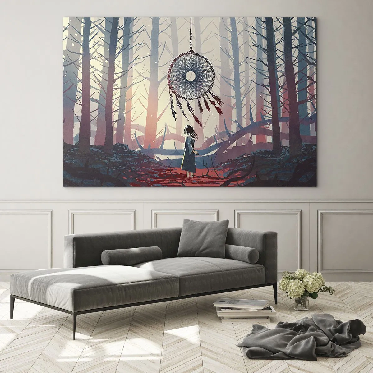 Glastavla - Bild på glas - En figur i skogen tittar på en stor drömfångare som svävar i luften. - 70x50cm - Hemlighetsfull ritual av lyckan - Modern väggdekoration för vardagsrum och sovrum ARTTOR
