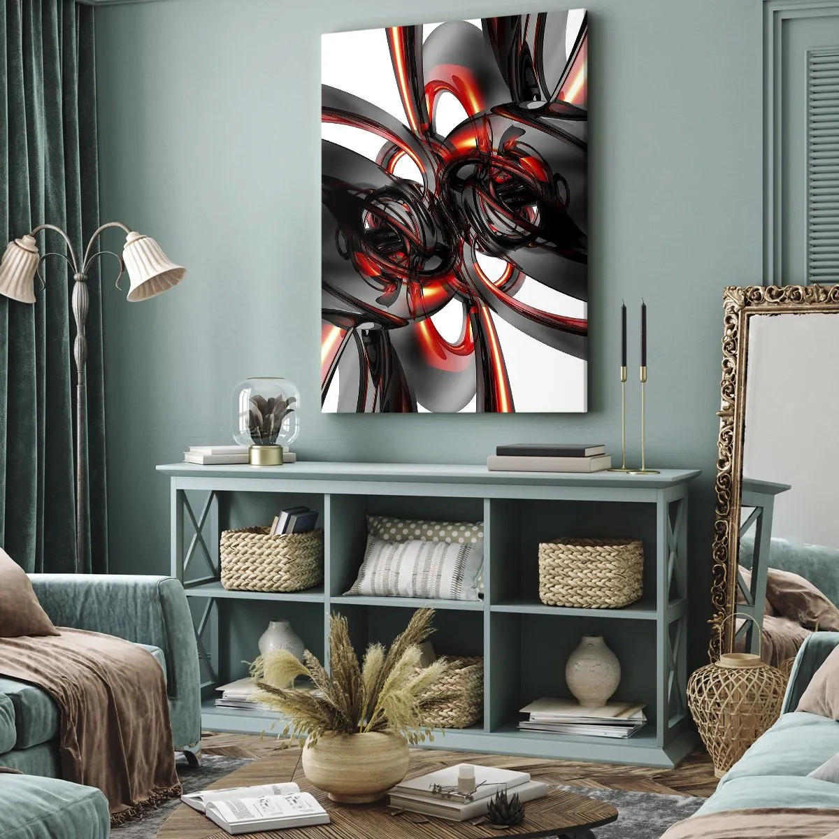 Canvastavla - Bild på duk - Rörelse i grafit och röd - 50x70 cm