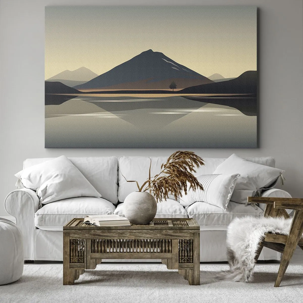 Canvastavla - Bild på duk - Minimalistiskt bergslandskap med reflektion i vattnet - 70x50cm - Spegelbild - Modern väggdekoration för vardagsrum och sovrum ARTTOR