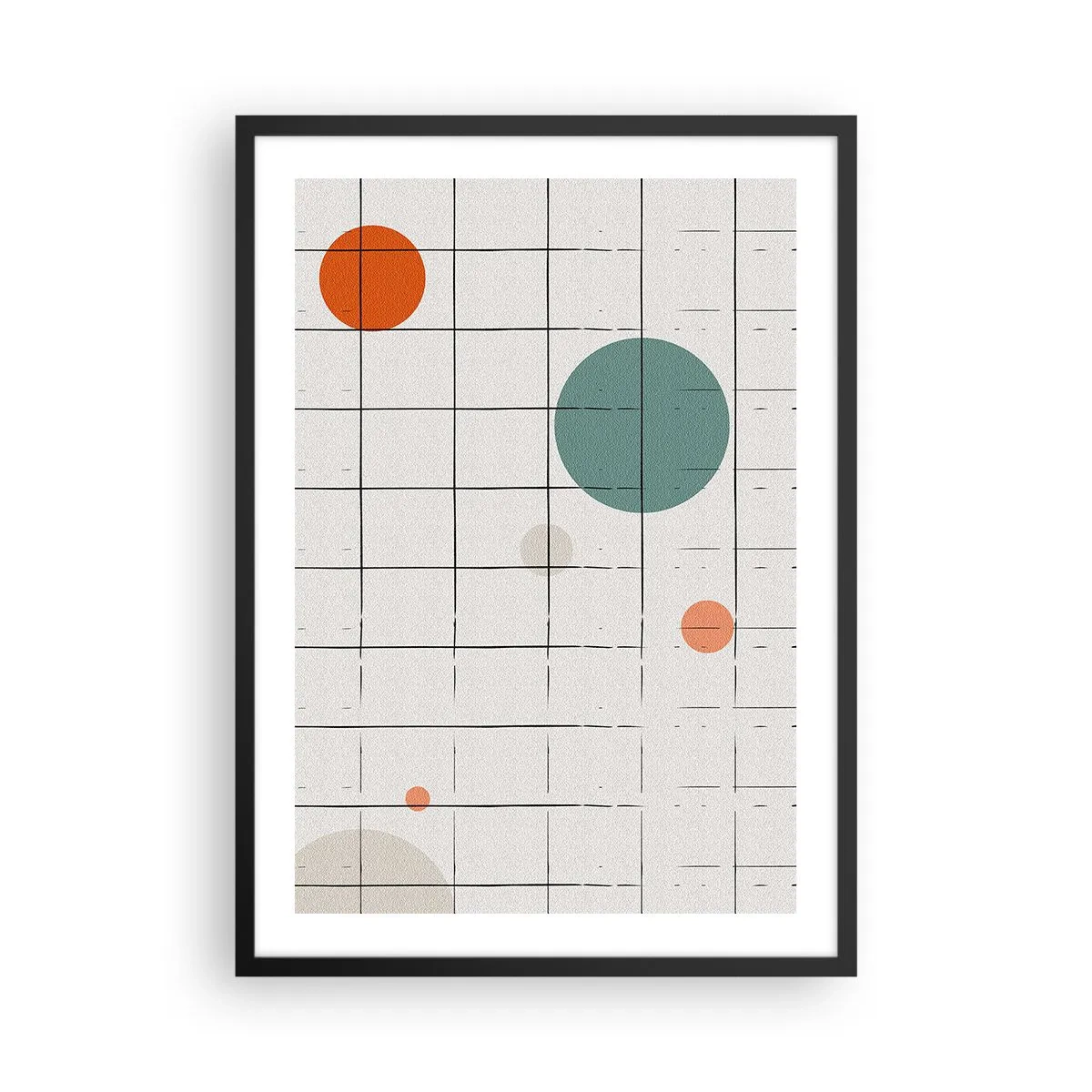 Affisch i svart ram - Abstrakt komposition av ett rutnät och färgade cirklar - 50x70cm - Fångade. Vi eller de? - Modern väggdekoration för vardagsrum och sovrum ARTTOR