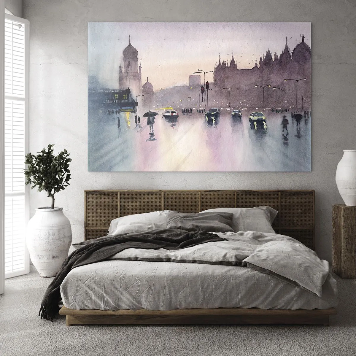 Glastavla - Bild på glas - Regnig stadsbild - 70x50cm - I regnig dimma - Modern väggdekoration för vardagsrum och sovrum ARTTOR