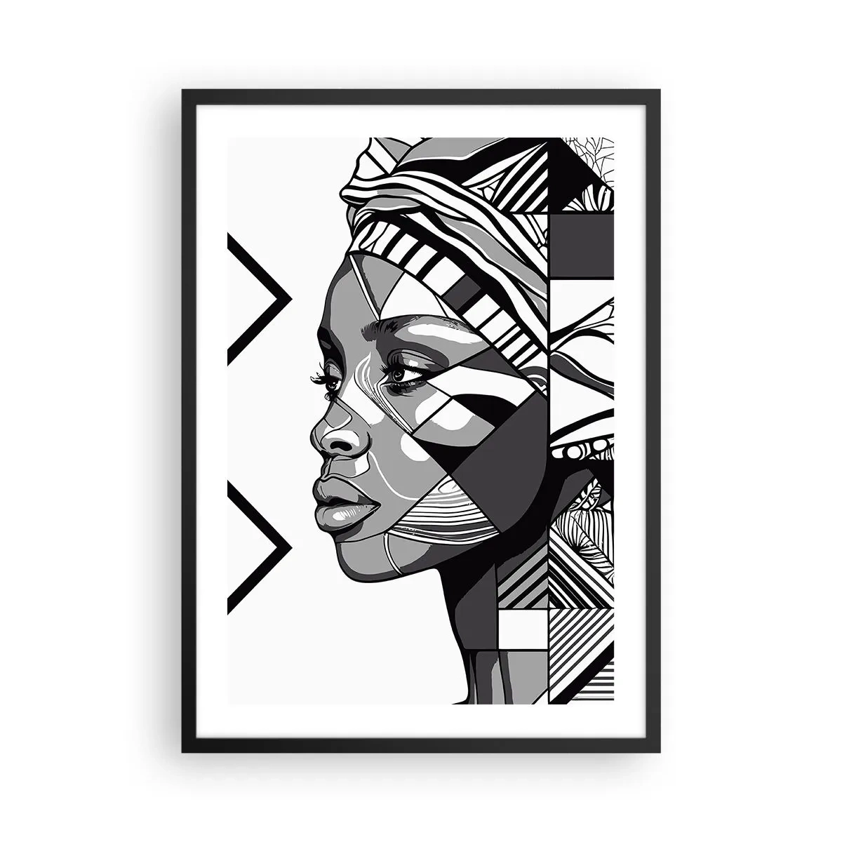Affisch i svart ram - Geometriskt porträtt av en kvinna i svartvitt - 50x70cm - Etniskt porträtt - Modern väggdekoration för vardagsrum och sovrum ARTTOR