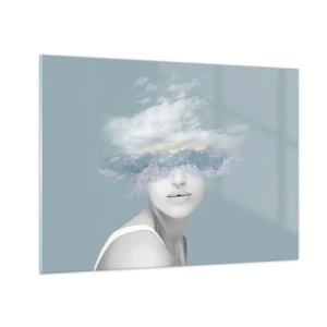 Glastavla - Bild på glas - En kvinnas ansikte smälter samman med himlen och molnen i en surrealistisk syn. - 70x50cm - Med huvudet i molnen - Modern väggdekoration för vardagsrum och sovrum ARTTOR