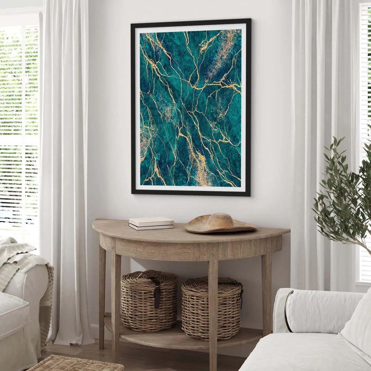 Affisch i svart ram - Abstrakta guldvener på en grön marmorbakgrund - 50x70cm - Guldåder - Modern väggdekoration för vardagsrum och sovrum ARTTOR