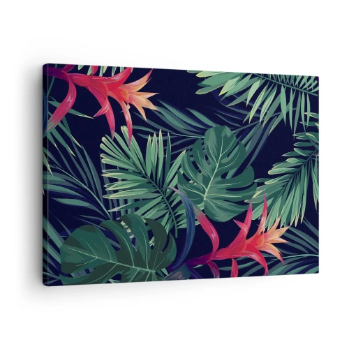 Canvastavla - Bild på duk - Tropiska löv och blommor på en mörk bakgrund - 70x50cm - Brinna i grönskan - Modern väggdekoration för vardagsrum och sovrum ARTTOR