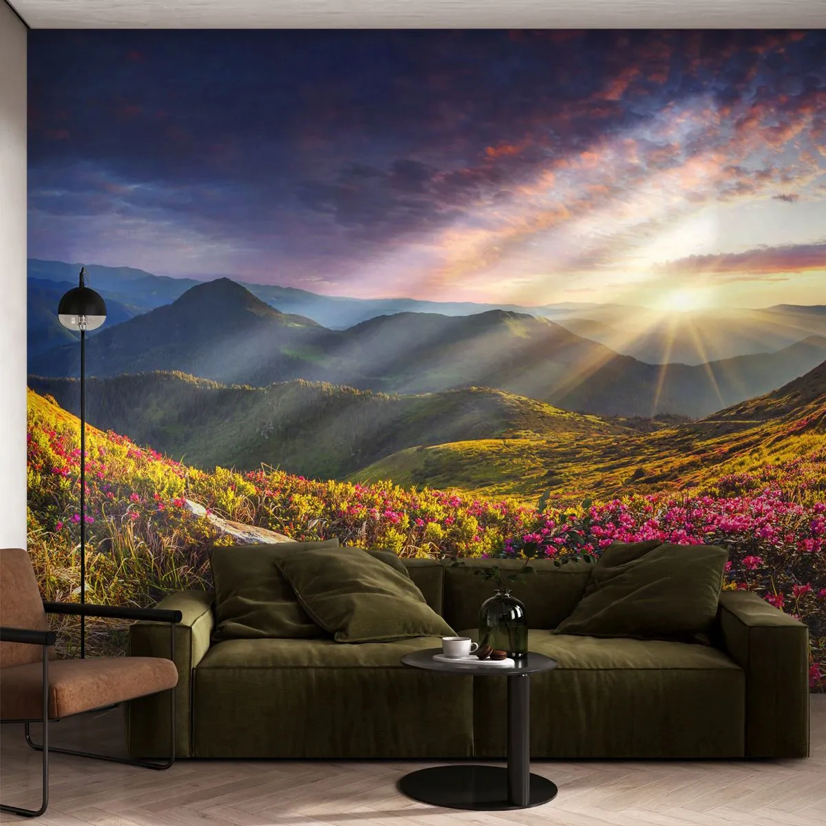 Fototapet Premium Sand - Fjällmorgonens fräschhet - Landskap, Berg, Blommor - 100x70 cm