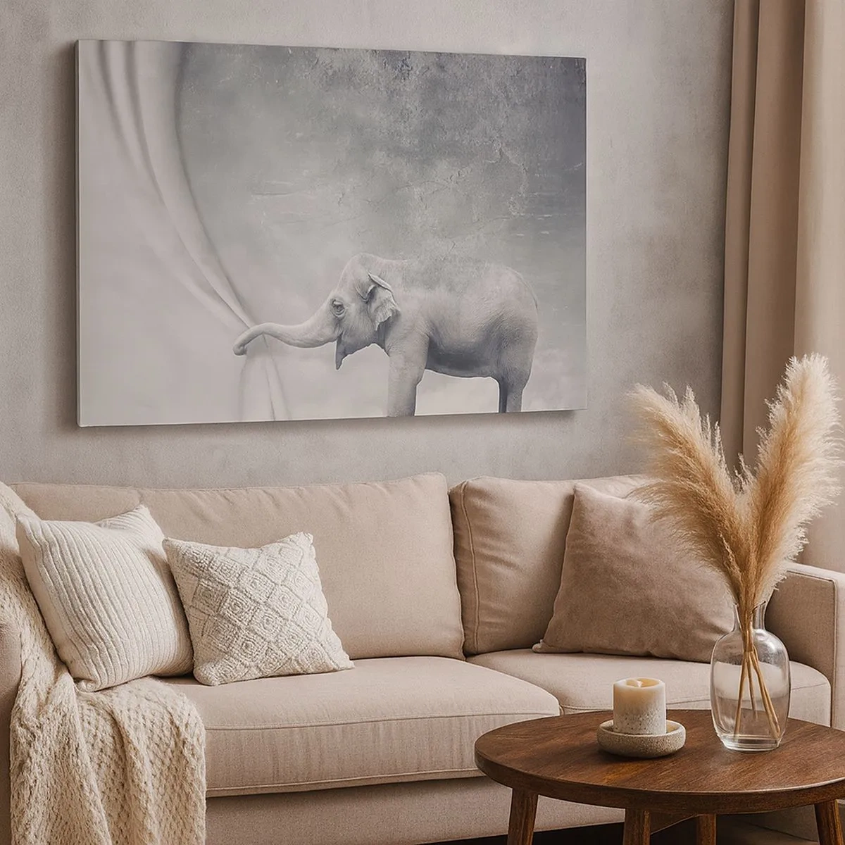 Canvastavla - Bild på duk - En elefant som drar undan ridån i en surrealistisk svartvit bild - 70x50cm - Avslöja hemligheten - Modern väggdekoration för vardagsrum och sovrum ARTTOR