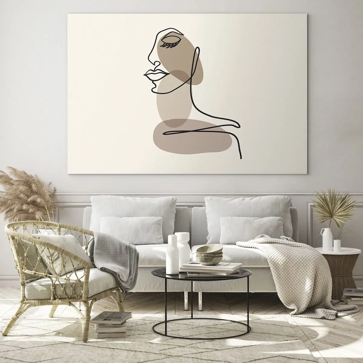 Glastavla - Bild på glas - Porträtt av en kvinnas ansikte i minimalistisk, abstrakt stil - 70x50cm - Lyssnar på sig själv - Modern väggdekoration för vardagsrum och sovrum ARTTOR