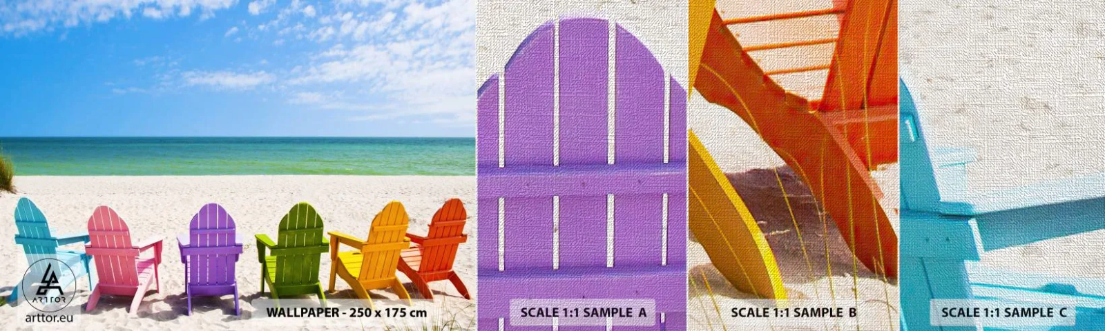 Provbit av fototapet Premium Canvas - Regnbågsstrand - Landskap, Strand, Solstolar - 100x30 cm