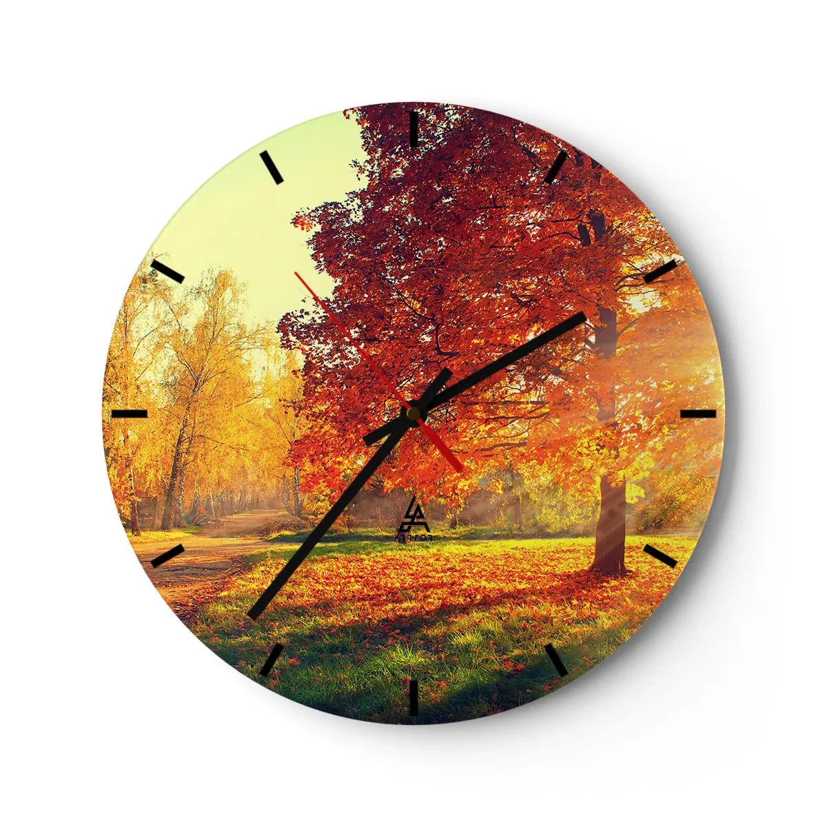 Väggklocka - Klocka på glas - Höstlandskap med ett träd med röda löv i parken - 30x30cm - Rött är vackert - Modern väggdekoration för vardagsrum, kök och sovrum ARTTOR