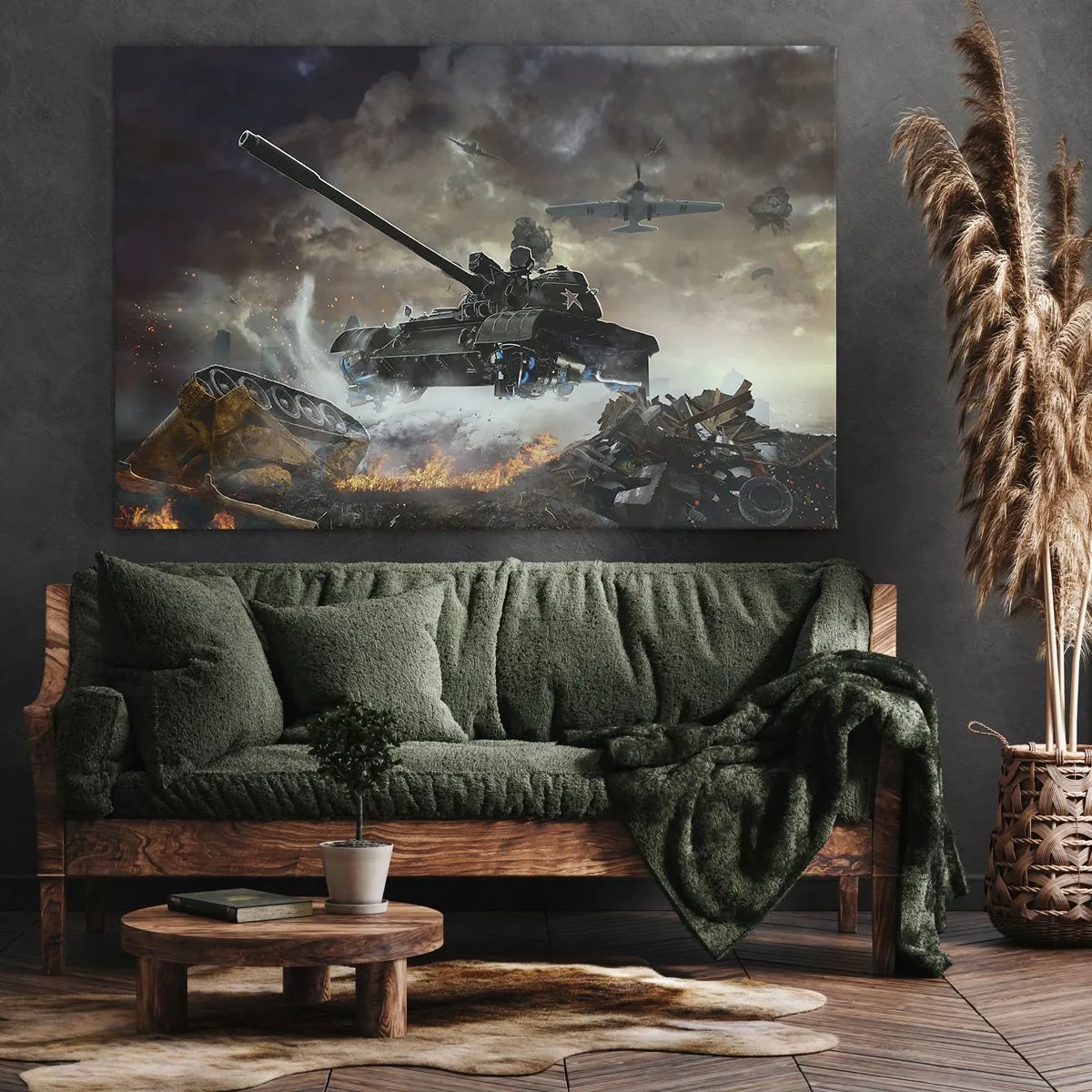 Canvastavla - Bild på duk - Stridsscen med stridsvagnar och flygplan i bakgrunden - 70x50cm - Slaget är hemskt och vackert - Modern väggdekoration för vardagsrum och sovrum ARTTOR