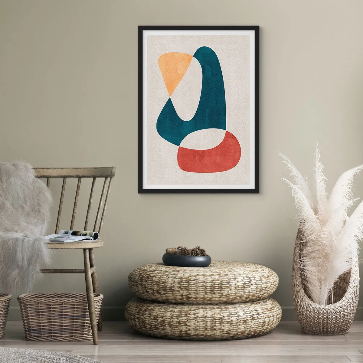 Affisch i svart ram - En abstrakt komposition av geometriska former i varma färger. - 50x70cm - Influenser och metamorfoser - Modern väggdekoration för vardagsrum och sovrum ARTTOR