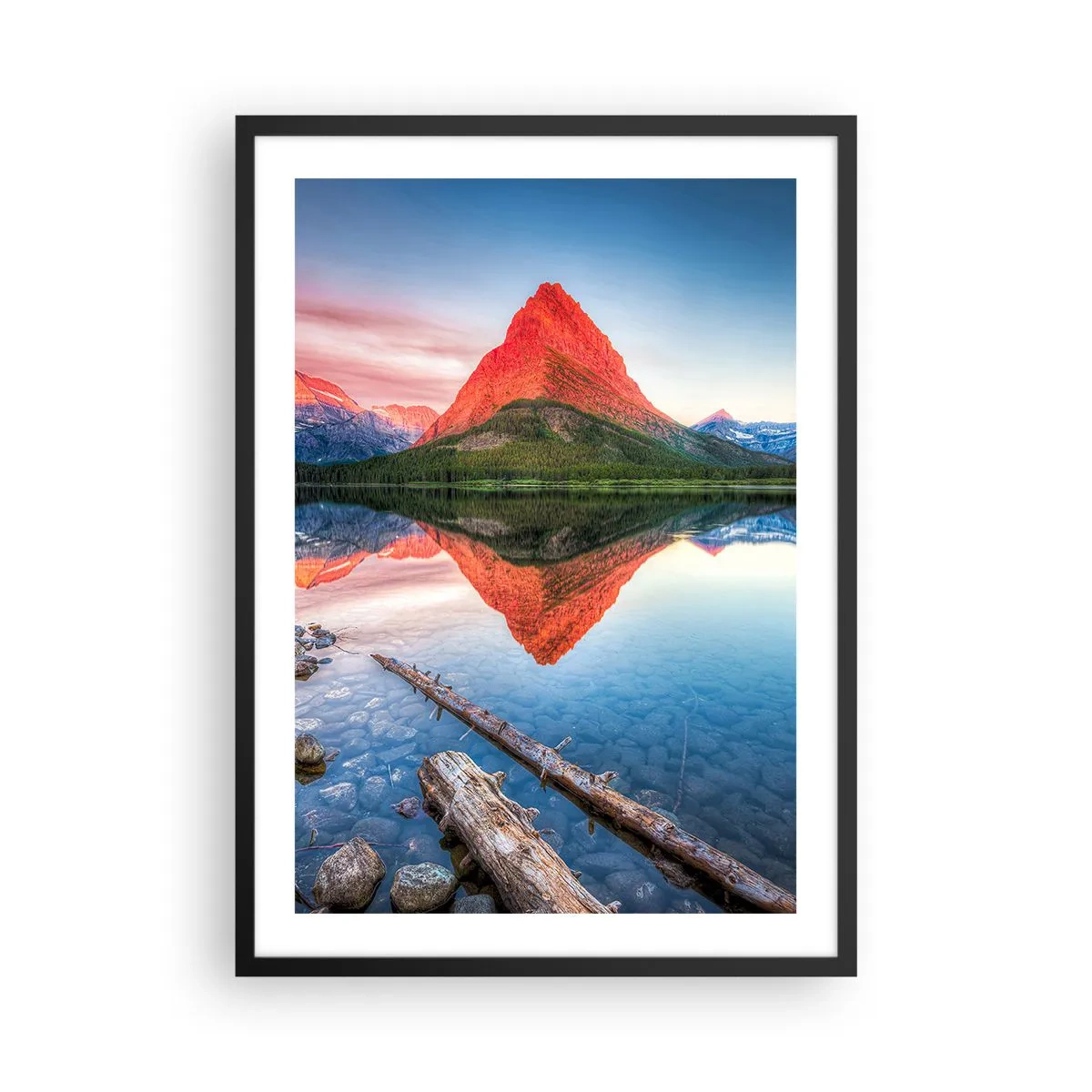 Affisch i svart ram - Ett berg speglas i en lugn sjö - 50x70cm - Glöd och kyla - Modern väggdekoration för vardagsrum och sovrum ARTTOR