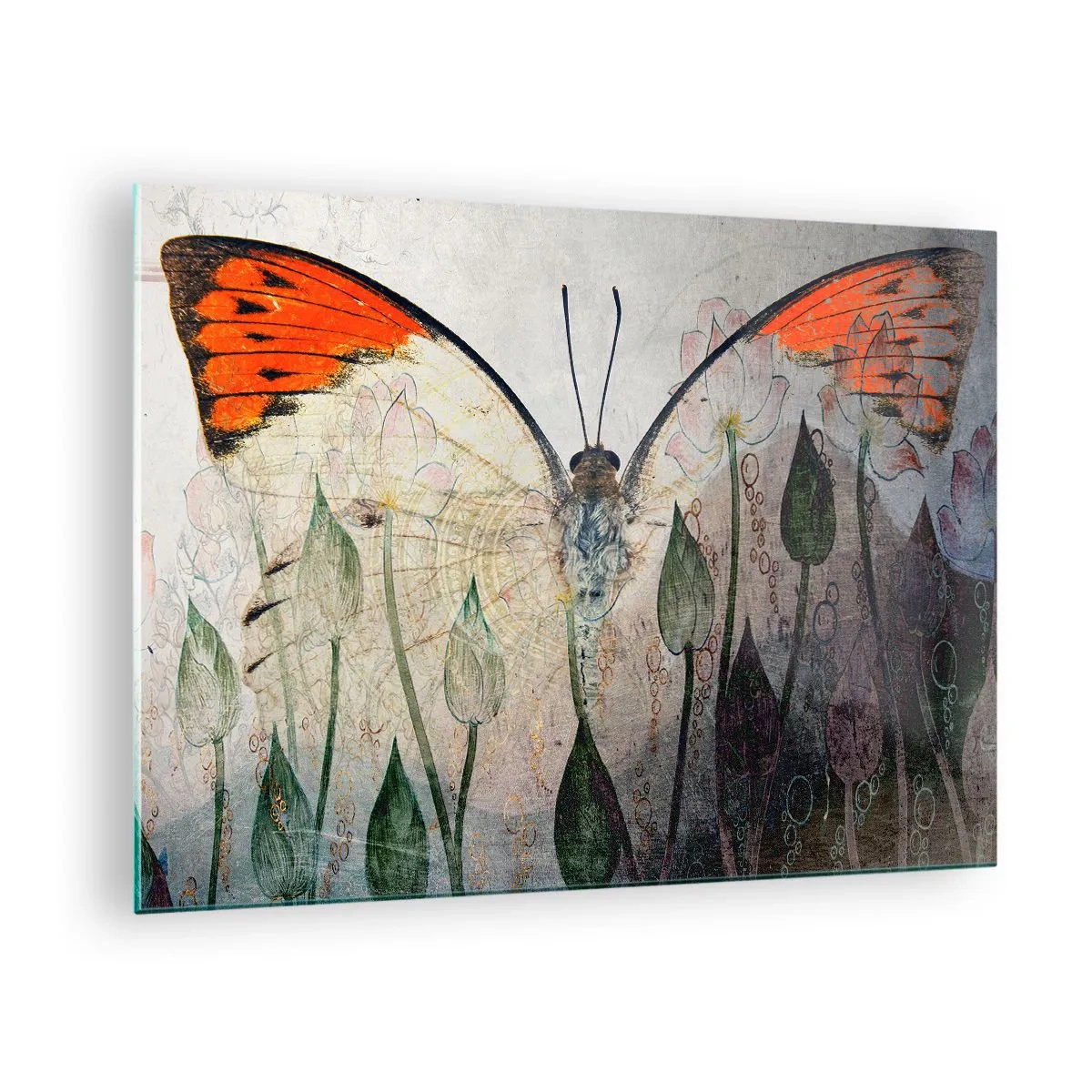 Glastavla - Bild på glas - En konstnärlig fjäril omgiven av fina blommor mot en grå bakgrund. - 70x50cm - "När en fjäril gungar i gräset" - Modern väggdekoration för vardagsrum och sovrum ARTTOR