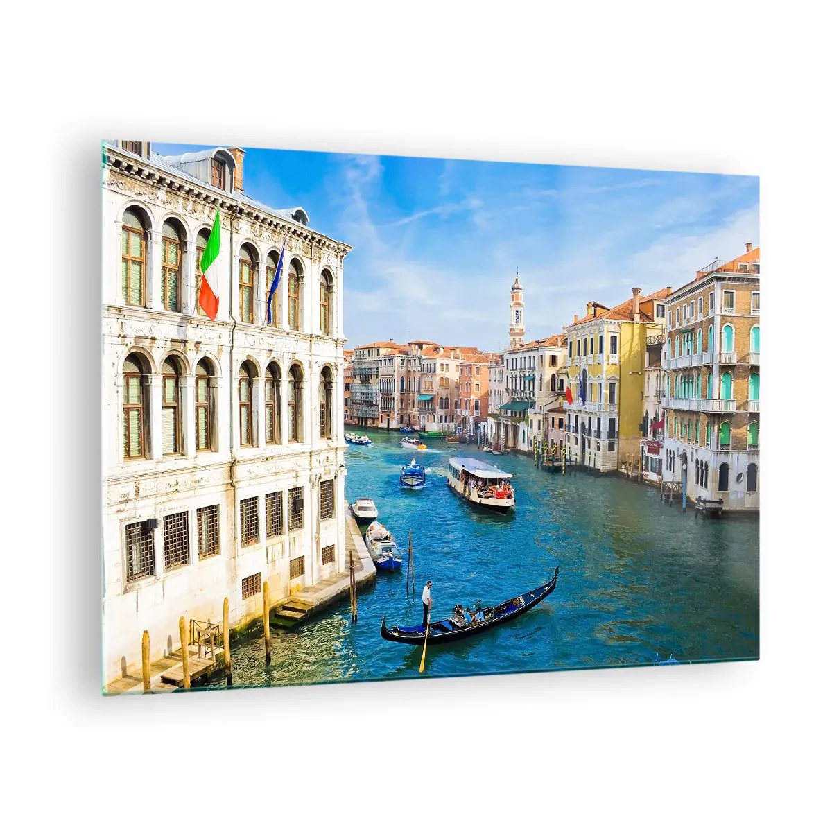 Glastavla - Bild på glas - En kanal i Venedig med gondoler och båtar på vattnet - 70x50cm - Den mest otypiska gatutrafiken i världen - Modern väggdekoration för vardagsrum och sovrum ARTTOR