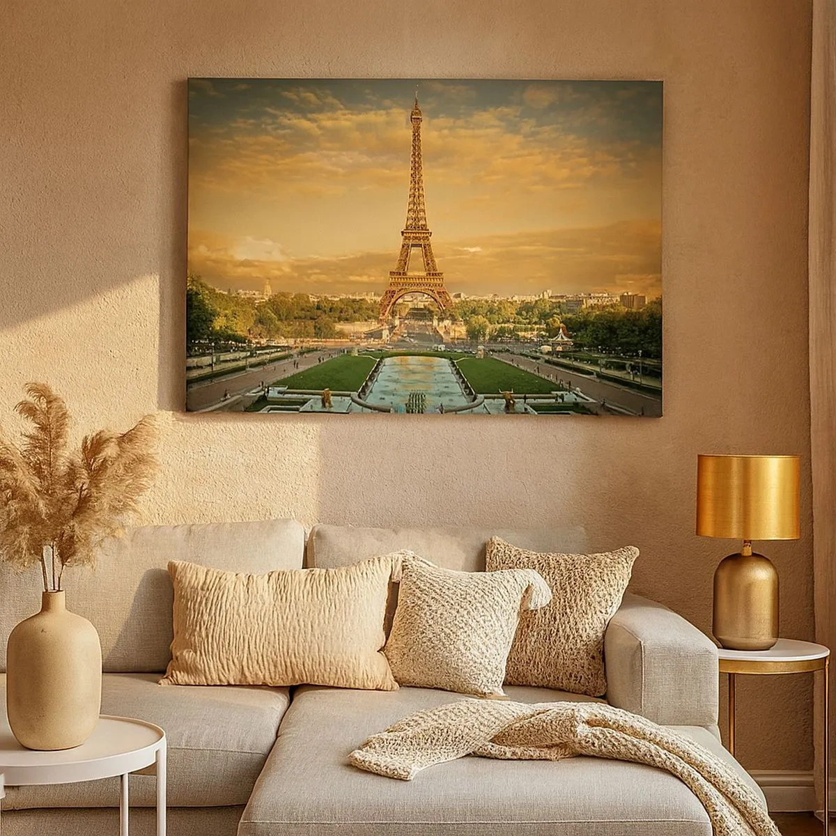 Canvastavla - Bild på duk - Eiffeltornet i Paris vid solnedgången - 70x50cm - Paris drottning - Modern väggdekoration för vardagsrum och sovrum ARTTOR
