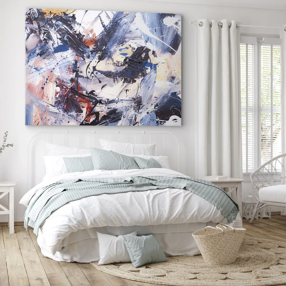 Canvastavla - Bild på duk - Abstraktion med dynamiska penseldrag i blått och rött. - 70x50cm - Abstraktionen galna dans - Modern väggdekoration för vardagsrum och sovrum ARTTOR