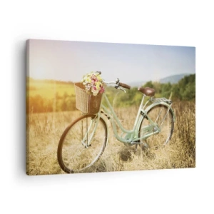 Canvastavla - Bild på duk - En retrocykel med en korg full av blommor mot en ängsbakgrund. - 70x50cm - Jag stannar här en stund - Modern väggdekoration för vardagsrum och sovrum ARTTOR