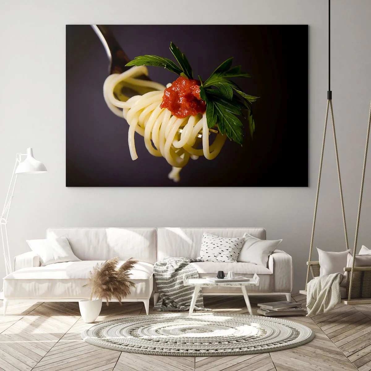 Glastavla - Bild på glas - Spaghetti pasta på en gaffel med tomatsås - 70x50cm - Gobit - Modern väggdekoration för vardagsrum och sovrum ARTTOR