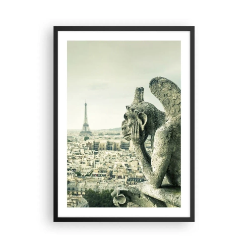 Affisch i svart ram - En gargoyle med utsikt över Eiffeltornet och Paris silhuett - 50x70cm - Ett samtal i Paris - Modern väggdekoration för vardagsrum och sovrum ARTTOR