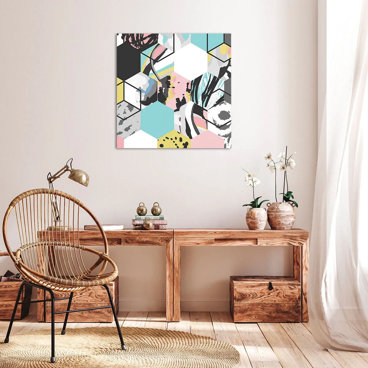 Canvastavla - Bild på duk - Sexkanter och kuber i sex färger - 70x70 cm