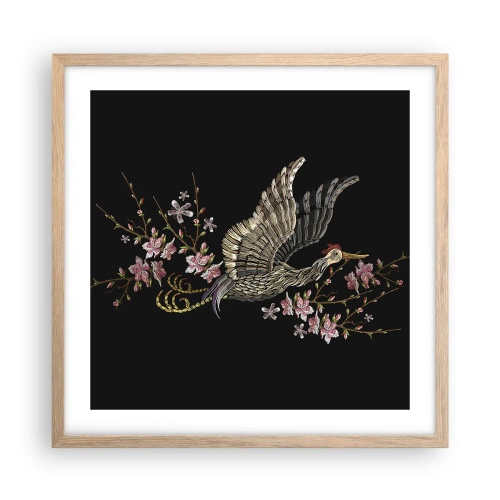 Affisch i ram av ljusek - Exotisk, broderad fågel - 50x50 cm