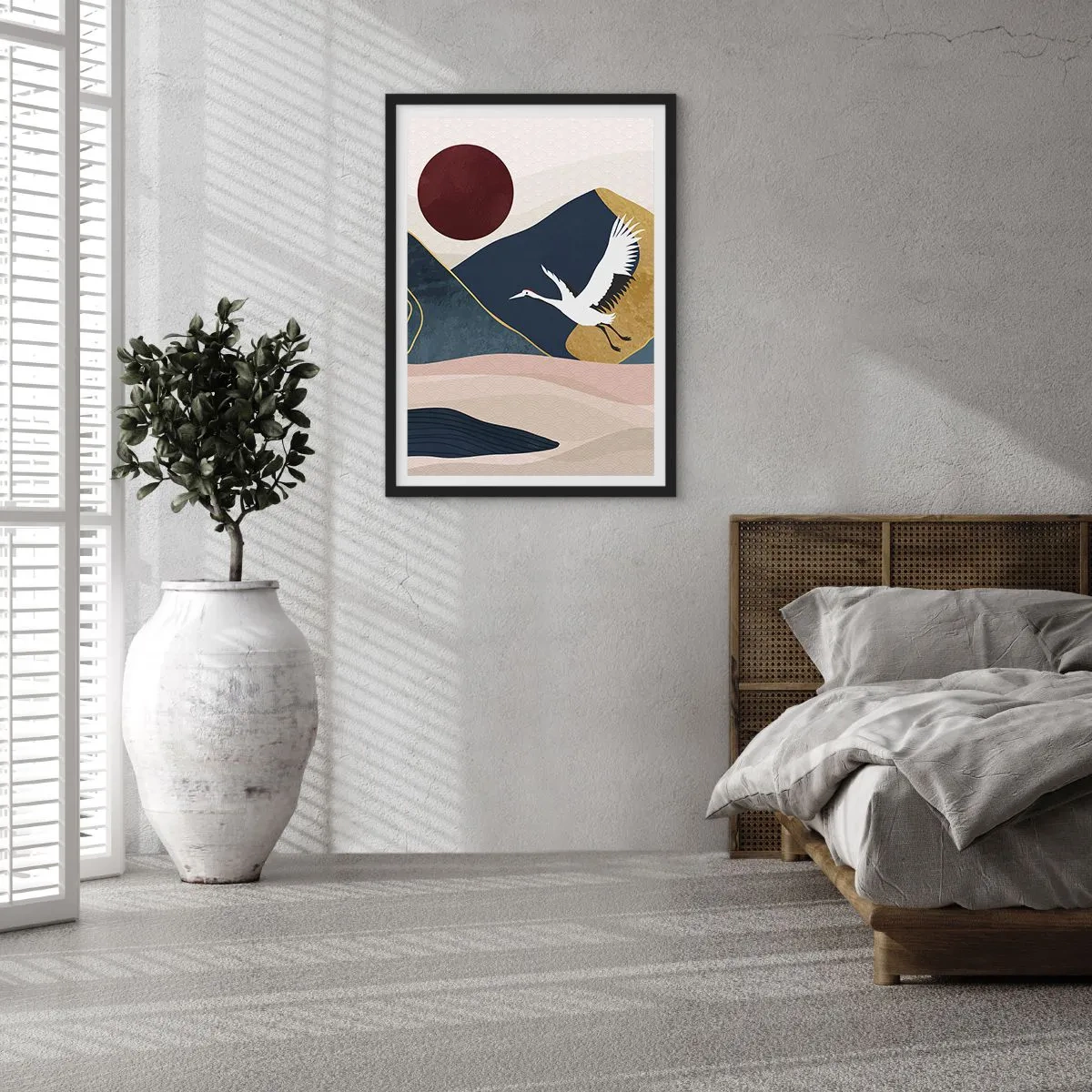 Affisch i svart ram - Minimalistisk grafik med en kran och ett bergslandskap - 50x70cm - Nästa dag FLUGIT iväg - Modern väggdekoration för vardagsrum och sovrum ARTTOR