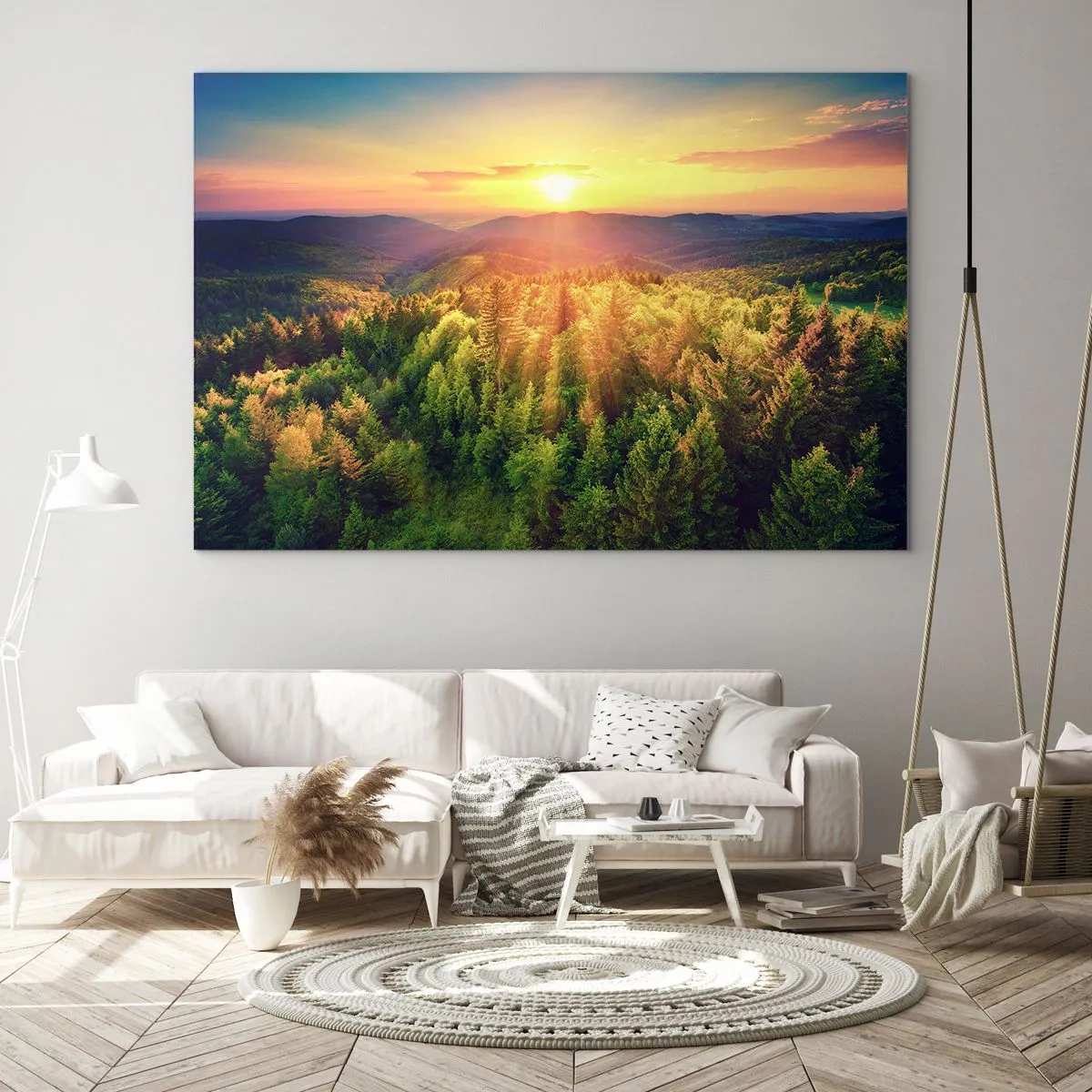 Glastavla - Bild på glas - Solnedgång över en bergskog med utsikt över dalarna - 70x50cm - Trädtoppar och bergstoppar - Modern väggdekoration för vardagsrum och sovrum ARTTOR