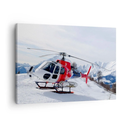 Canvastavla - Bild på duk - En röd helikopter mot ett snötäckt bergslandskap. - 70x50cm - Alltid redo - Modern väggdekoration för vardagsrum och sovrum ARTTOR