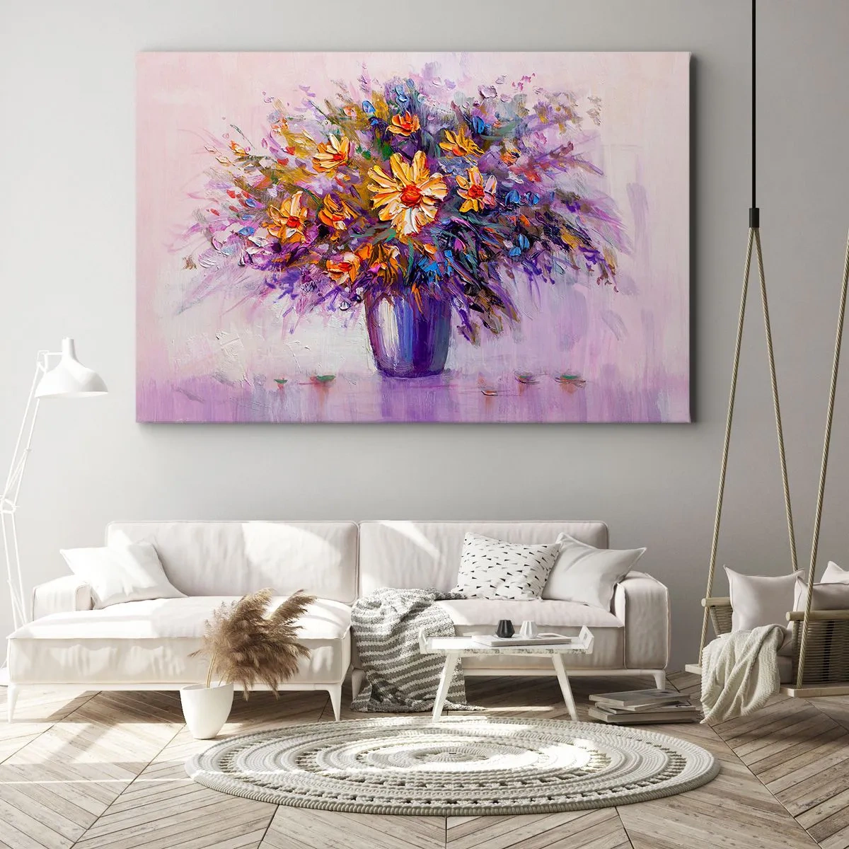 Canvastavla - Bild på duk - En bukett blommor i en vas på en pastellfärgad bakgrund - 70x50cm - Doftar sött, ser sött ut - Modern väggdekoration för vardagsrum och sovrum ARTTOR