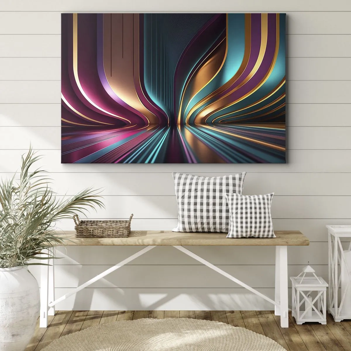 Canvastavla - Bild på duk - Futuristisk abstraktion med intensiva färger och kurvor - 70x50cm - Ljusets arkitektur - Modern väggdekoration för vardagsrum och sovrum ARTTOR