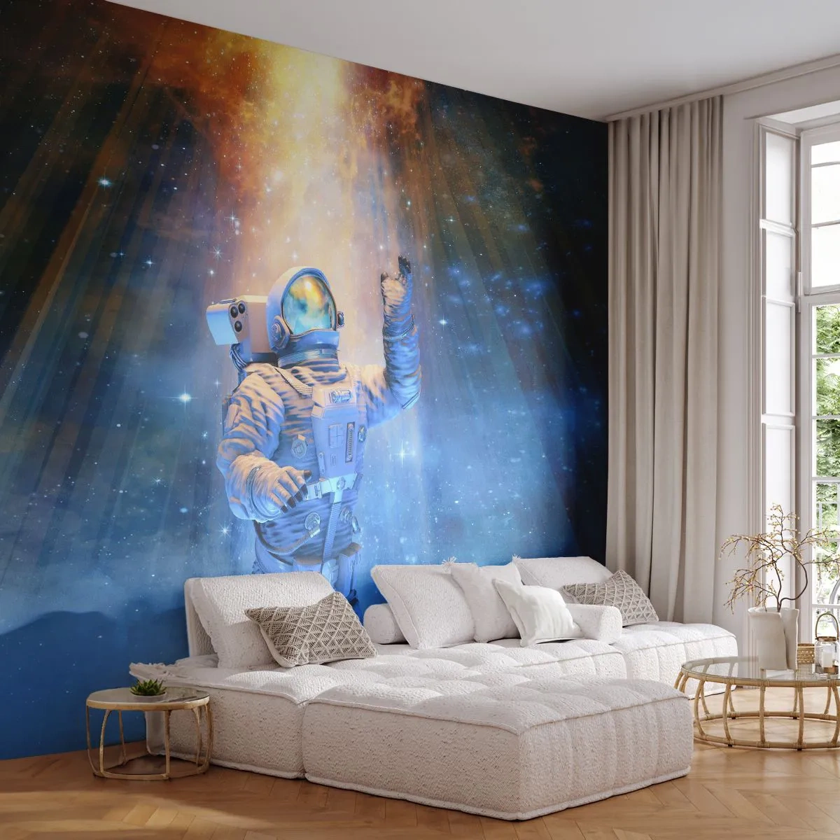 Fototapet Premium Sand - Äntligen i målet - Abstraktion, Astronaut, Kosmos - 100x70 cm