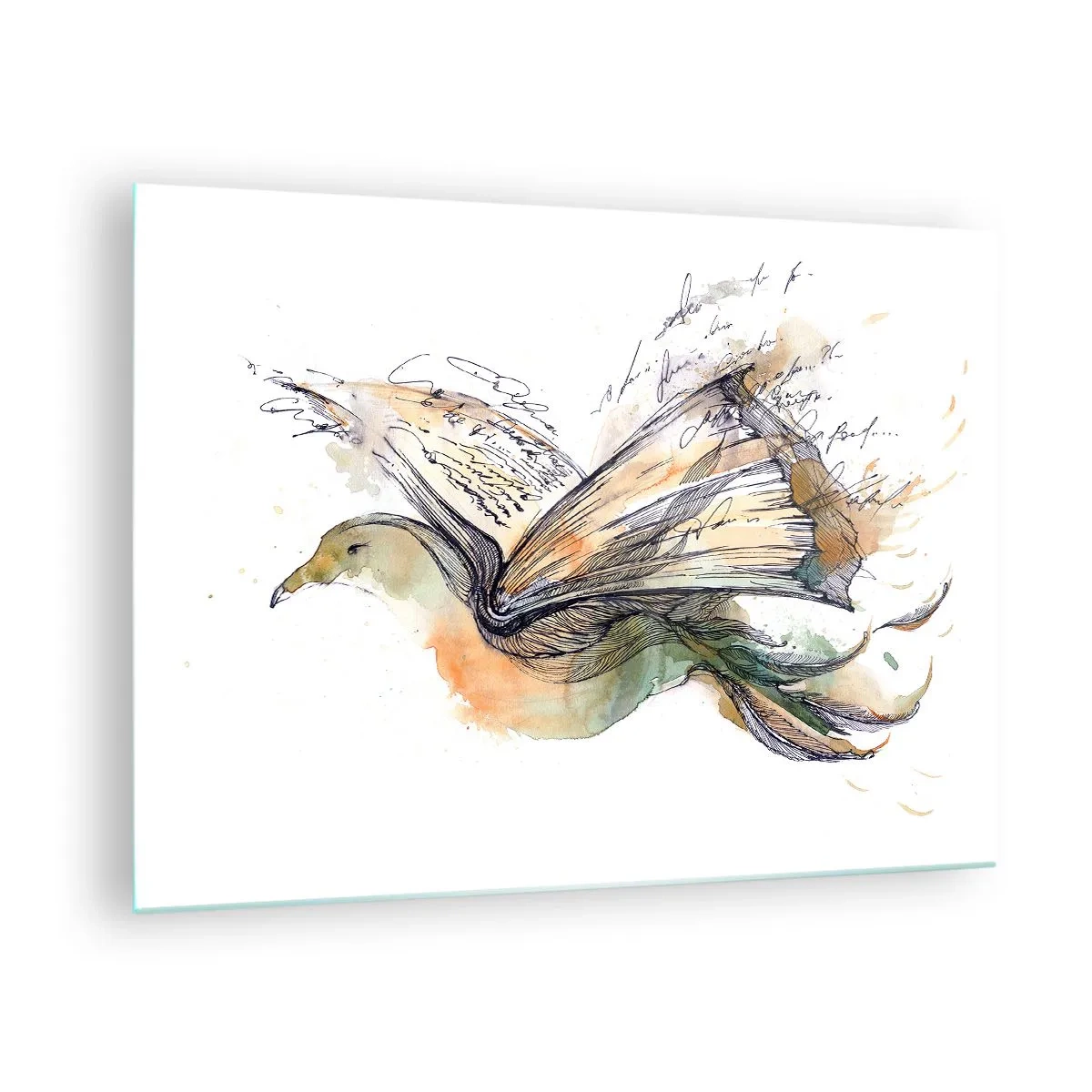 Glastavla - Bild på glas - En fågel från en utrullad bok, en konstnärlig metafor för kunskap - 70x50cm - På poesins vingar - Modern väggdekoration för vardagsrum och sovrum ARTTOR