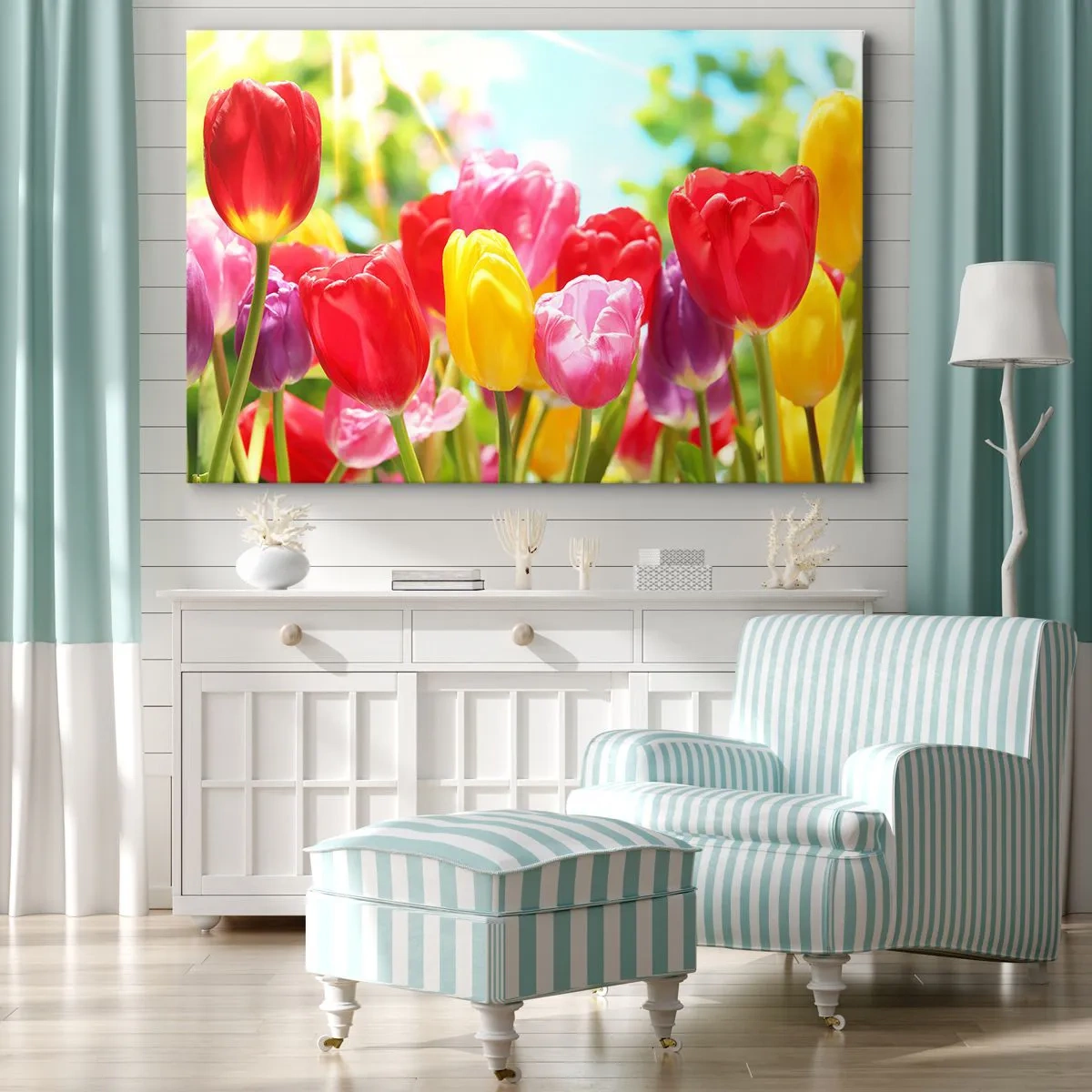 Canvastavla - Bild på duk - Färgglada tulpaner i full blom mot en vårbakgrund - 70x50cm - Det är vi, majfärgerna! - Modern väggdekoration för vardagsrum och sovrum ARTTOR