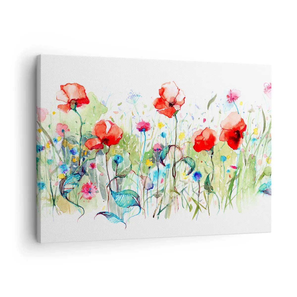 Canvastavla - Bild på duk - En äng med röda vallmo och färgglada blommor i akvarell - 70x50cm - Majblommande äng - Modern väggdekoration för vardagsrum och sovrum ARTTOR