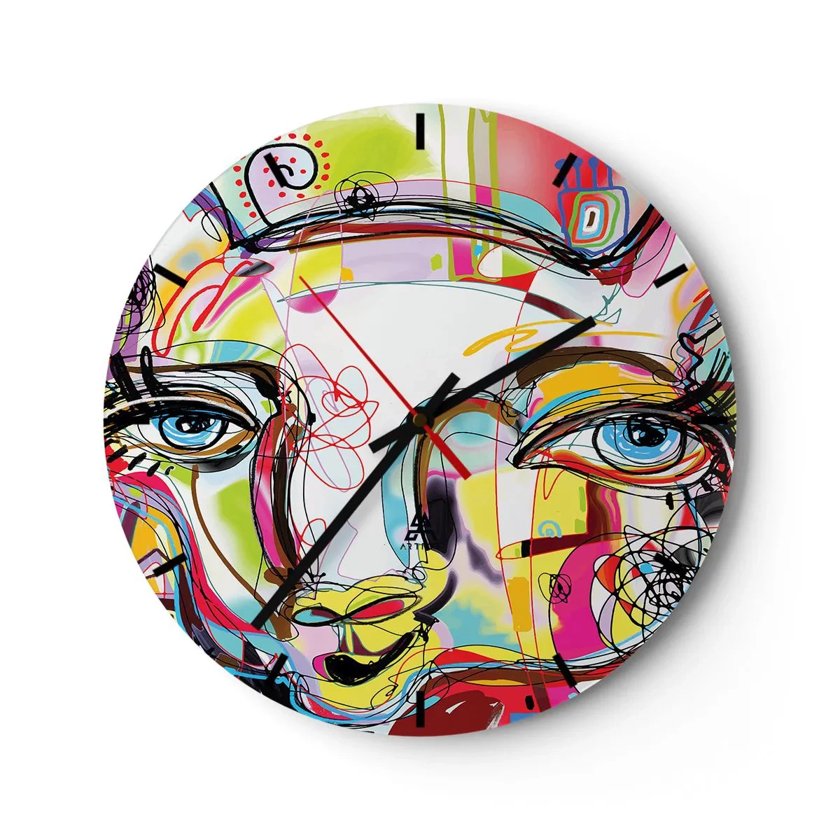 Väggklocka - Klocka på glas - Färgglatt abstrakt porträtt med uttrycksfulla ögon - 30x30cm - Kattnaturens rikedom - Modern väggdekoration för vardagsrum, kök och sovrum ARTTOR