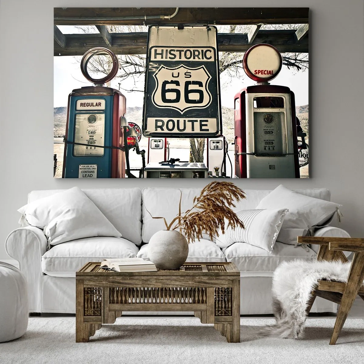Canvastavla - Bild på duk - Historisk bensinstation på Route 66 - 70x50cm - Amerikansk retroresa - Modern väggdekoration för vardagsrum och sovrum ARTTOR