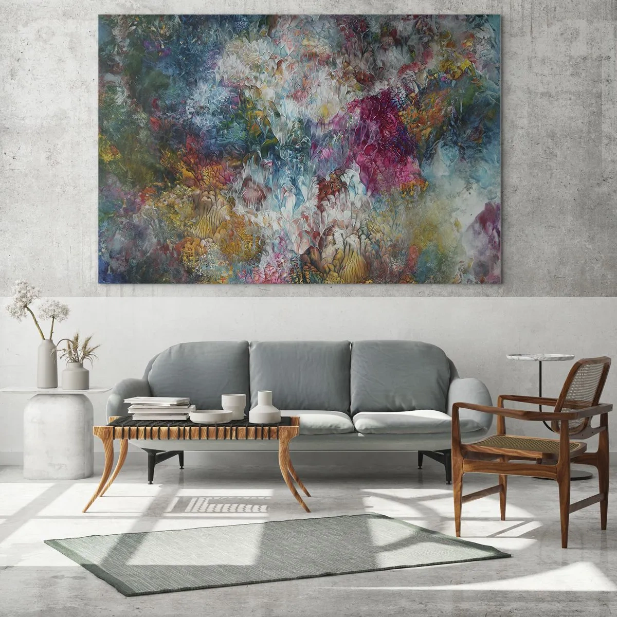 Glastavla - Bild på glas - En abstrakt komposition av färgglada blommor i intensiva färger. - 70x50cm - I full blom - Modern väggdekoration för vardagsrum och sovrum ARTTOR