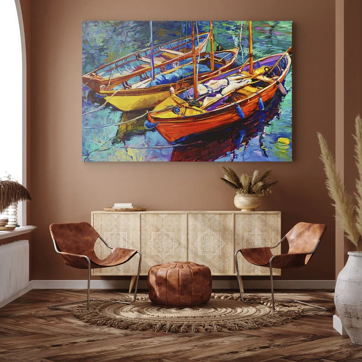 Canvastavla - Bild på duk - Färgglada båtar på lugnt vatten - 70x50cm - På ett färgtjockt vatten - Modern väggdekoration för vardagsrum och sovrum ARTTOR