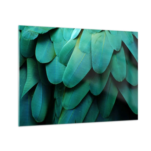Glastavla - Bild på glas - En närbild av en papegojas intensivt gröna fjädrar. - 70x50cm - Precision av papegojans natur - Modern väggdekoration för vardagsrum och sovrum ARTTOR
