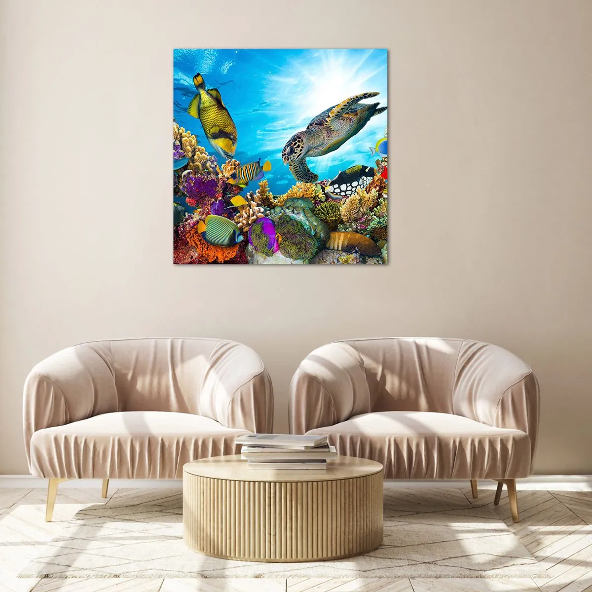 Glastavla - Bild på glas - Korallpromenad - 40x40 cm